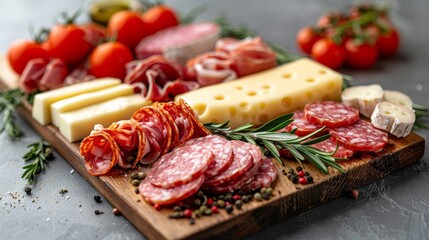 Gourmet Charcuterie Board. Appetizers On Wooden Serving Board With Cheese, Meat, Sausage.