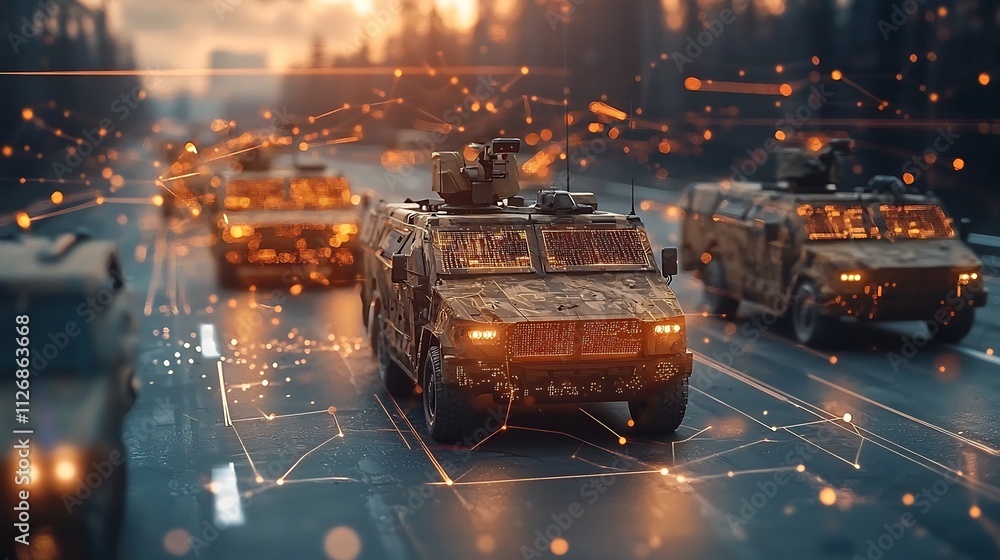 Poster advanced battlefield simulation with holographic soldiers and vehicles overlaid with tactical networ
