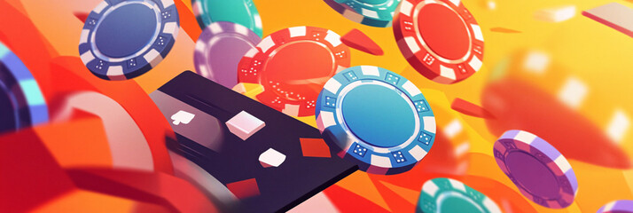 Fototapeta premium Illustration of a casino loyalty card, surrounded by chips, free spins, and VIP rewards displayed on a colorful background. 