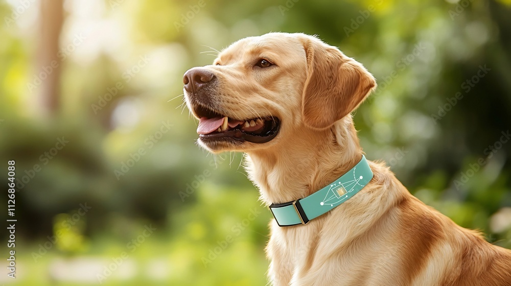 Poster digitally connected happy dog in serene park setting with ample copy space smart collar and network 