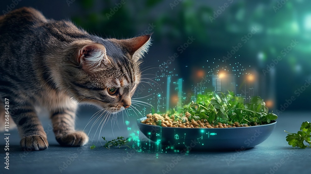 Poster photograph of a cat using a smart feeding device connected to a digital network with glowing data ov