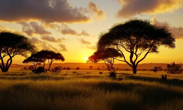 African savanna sunset with acacia trees silhouetted against a fiery sky.