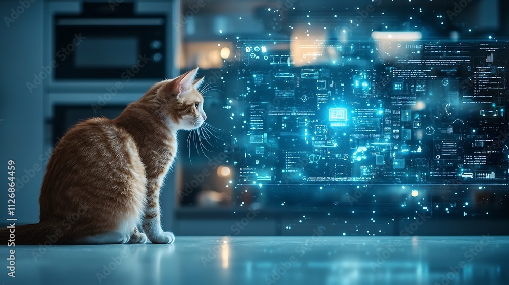 Poster photograph of a cat using a smart feeding device that is connected to a digital network with glowing