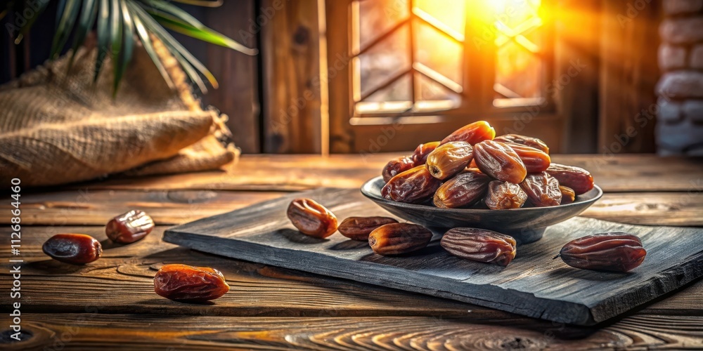 Poster Dates in a Bowl on a Wooden Table With a Sunlit Window in the Background