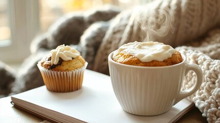 Cozy morning coffee and cupcake home kitchen food photography warm atmosphere close-up indulgence