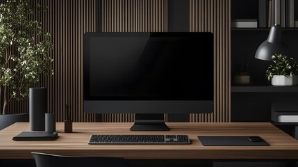 Fototapeta premium Modern Black Computer Setup On Wooden Desk