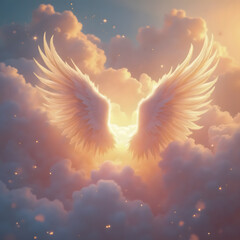 Pastel colored wings in the clouds - Rest in peace image - In loving memory - Anniversary Mass invitation - AI generated 