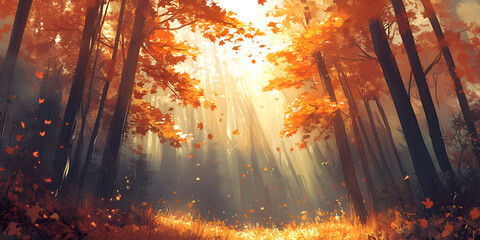 Naklejka premium Golden Autumn Forest Path with Sunbeams