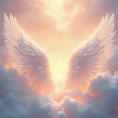 Pastel colored wings in the clouds - Rest in peace image - In loving memory - Anniversary Mass invitation - AI generated 