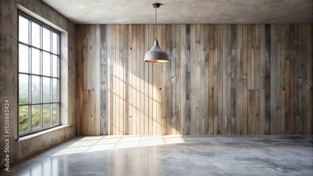 Poster Sunlight streams through a large window in a room with wood paneling and a single pendant light.