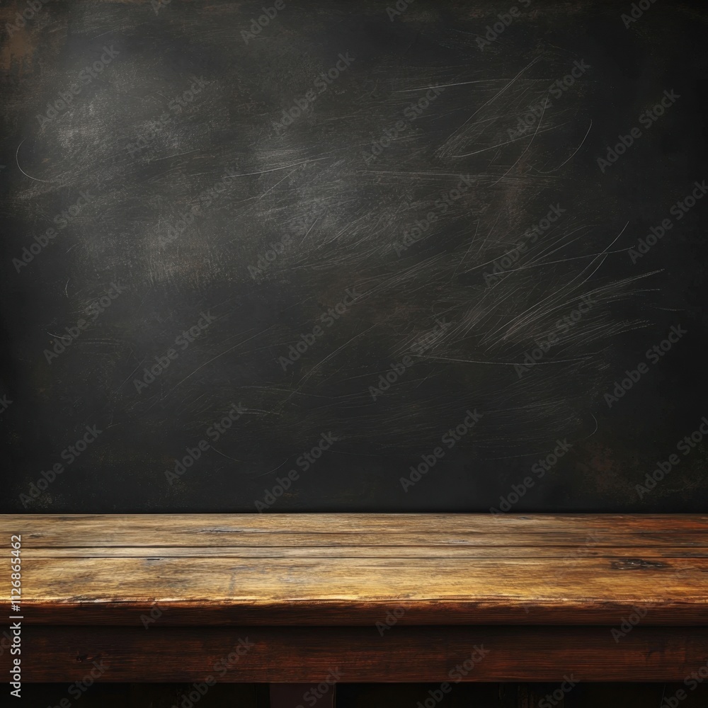 Poster a rustic wooden table in front of a blank, dark chalkboard, creating a perfect setting for creativit