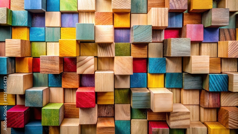 Poster a vibrant display of wooden cubes, each painted in a different hue, creating a mesmerizing mosaic of