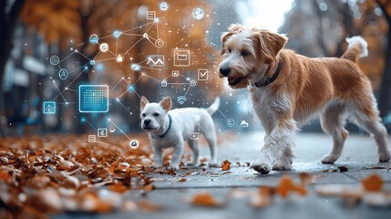 A photograph of a vibrant dog park with pets playing and interacting overlaid with digital network icons showing GPS and activity tracking capabilities