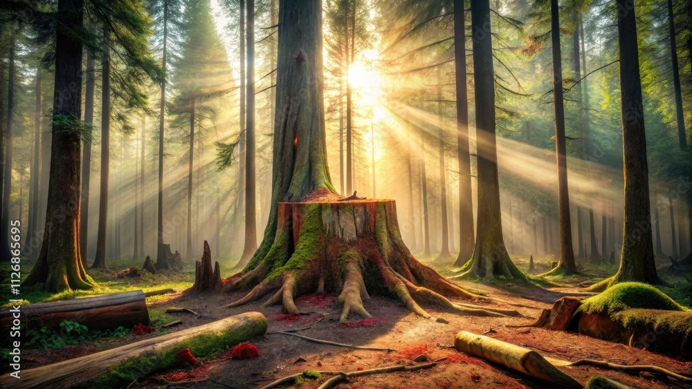 Poster sunlight streams through the dense canopy of a forest, illuminating the mossy stump of a fallen gian