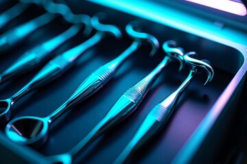 Sterilized dental instruments inside a UV sterilization chamber with glowing blue light and reflective surfaces, creating a futuristic and sleek aesthetic in a modern clinical setting