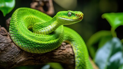 A dramatic shot of a Pit Viper perched on a tree branch, its green scales blending with the leaves, with the background blurred to focus on the snake's predatory stance