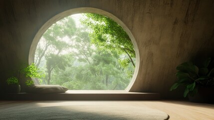 A serene interior scene featuring a circular window surrounded by lush greenery, inviting natural...