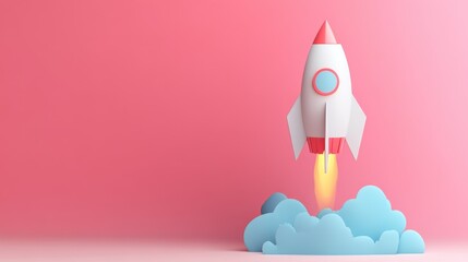 Fototapeta premium A colorful rocket launching from fluffy clouds against a pink background, symbolizing innovation and adventure.