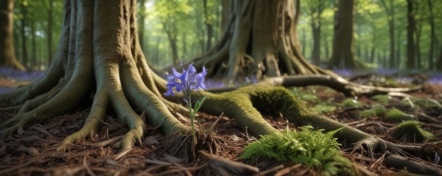 A lone bluebell grows through the roots of a beech tree trunk, fauna, earthy tones