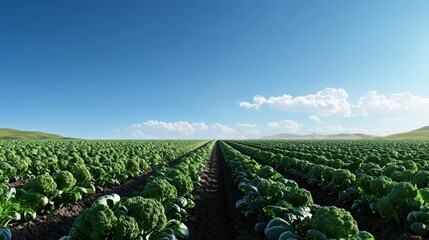 Fototapeta premium A farm scene with rows of broccoli growing under a clear blue sky.