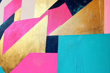 Obraz premium Abstract colorful wall art with bold geometric shapes in vivid pink, teal, and gold, arranged dynamically for a modern look.