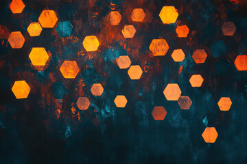 A vibrant background with scattered glowing hexagons in orange and blue over a textured dark surface.