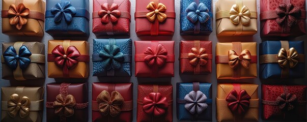 Vibrant gift boxes with bows and ribbons arranged in rows on a white background, symbolizing the joy of celebration during special events like New Year's Day or Christmas. 