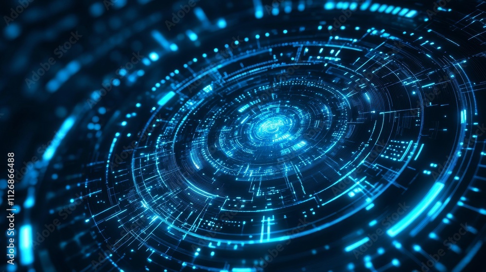 Poster abstract digital design featuring glowing blue circular patterns and lines.