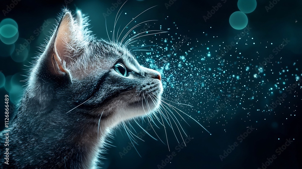 Poster innovative and interactive smart pet toy connected to a digital network featuring glowing lines and 