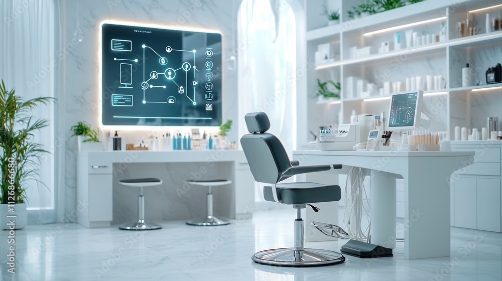 Poster a photograph of a smart grooming station with network connections visualized as glowing lines and ic