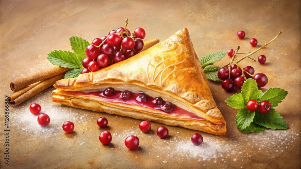 Poster a flaky pastry filled with red berry jam and dusted with powdered sugar, surrounded by fresh berries