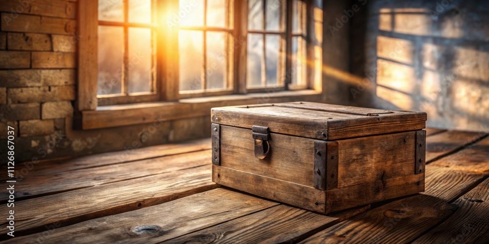 Aufkleber a rustic wooden box sits on a weathered plank table bathed in warm sunlight streaming through a wind