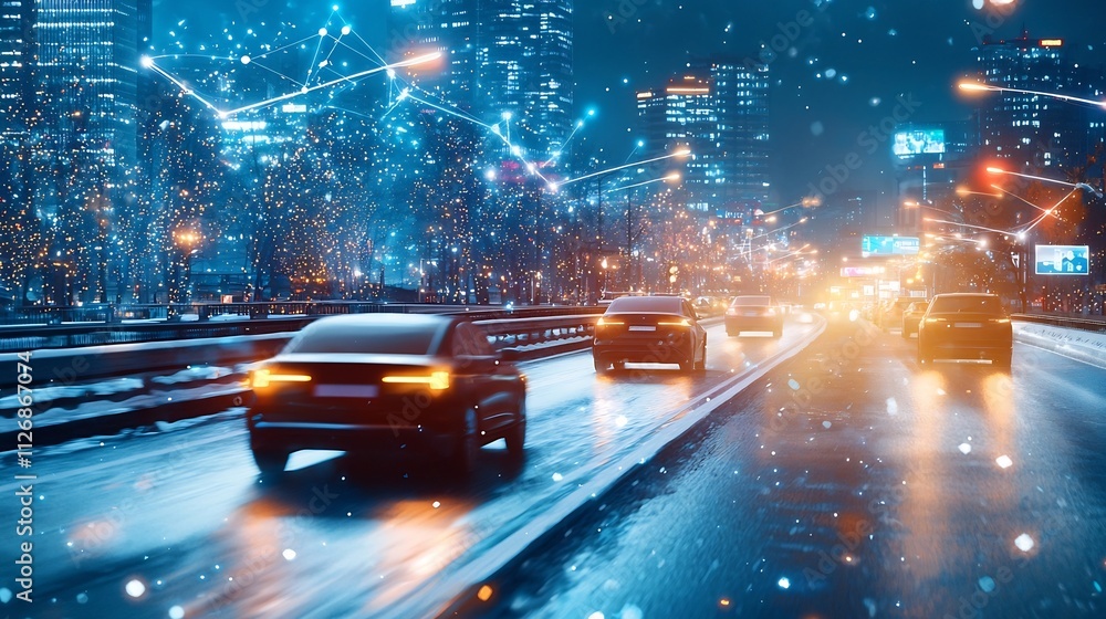 Poster aerial view of a futuristic cityscape with a network of connected self driving cars and glowing line