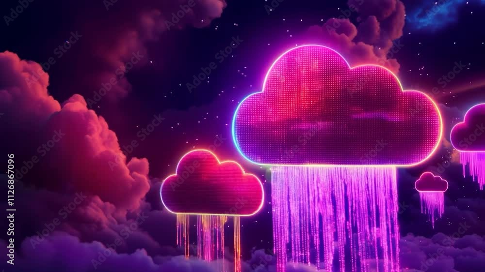Aufkleber neon glowing pink purple cloud computing digital rain data transfer fantasy dreamlike abstract tech 