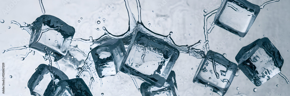 Poster ice cubes splash and create ripples in clear water, highlighting dynamic motion and refreshing quali