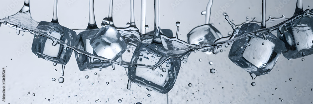 Poster bubbles and splashes as ice cubes fall into clear water with ripples and reflections during a refres