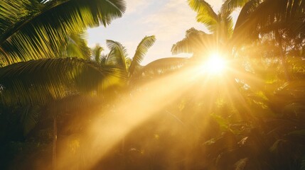 Sunbeams pierce through lush palm leaves, creating a breathtaking golden spectacle.  Nature's artistry at its finest, a vibrant tropical sunrise.