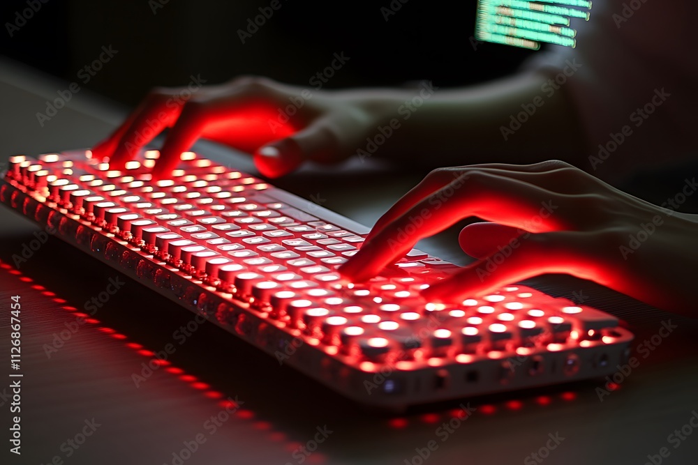 Poster a close-up of hands typing on a glowing red keyboard, highlighting technology and productivity.