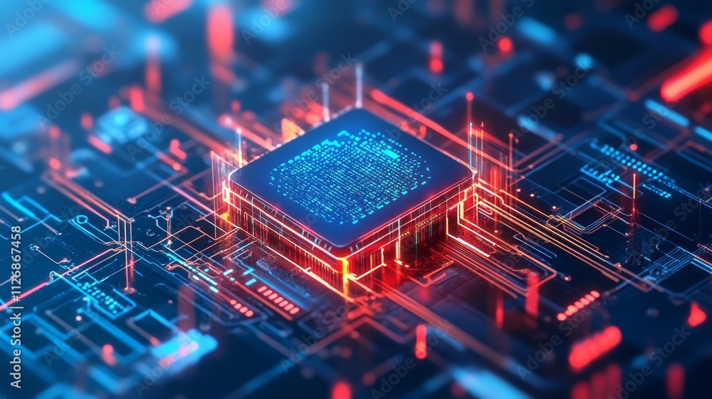 Poster a futuristic microchip surrounded by glowing circuits and data streams.