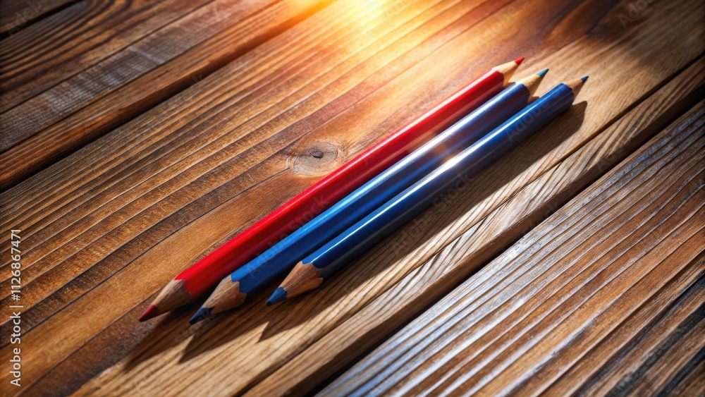 Poster three colored pencils resting on a wooden surface, capturing the essence of creativity and expressio