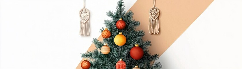 A beautifully decorated Christmas tree adorned with colorful ornaments and unique hanging decorations, set against a minimalist background.