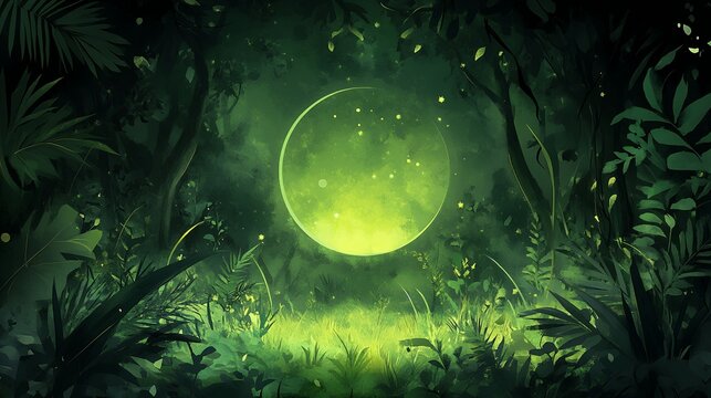 Mysterious green forest with luminous moon and enchanting foliage at night
