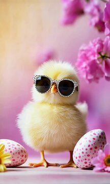 2025 Easter holiday celebration vertical video background. Chicks in sunglasses with brightly painted easter eggs in the meadow with daffodils.