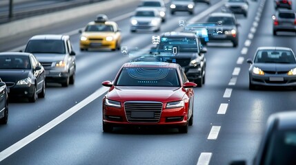 An aerial view of a busy urban highway network with vehicles connected by a digital overlay representing the future of autonomous transportation and smart city infrastructure