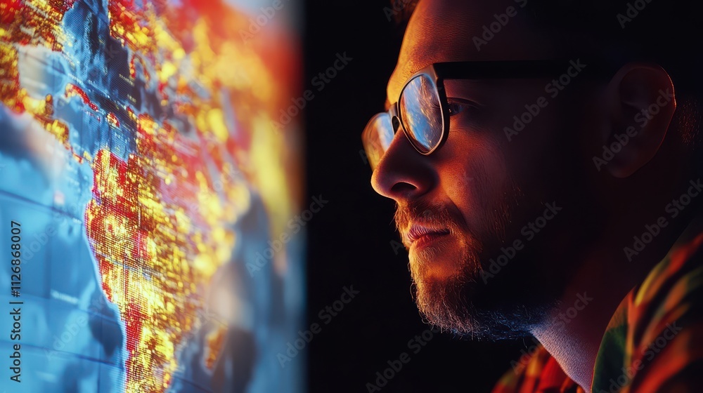 Aufkleber introspective man analyzing global data visualization at night, surrounded by digital light and colo