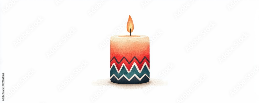 Poster a decorative candle with a colorful zigzag pattern and a flickering flame, creating a warm and invit