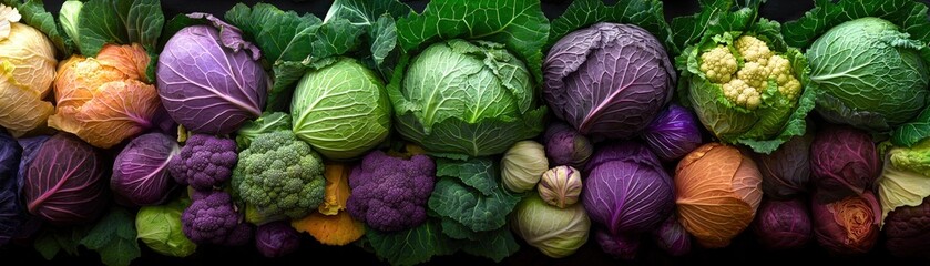 Fototapeta premium A colorful display of cabbages, including green, purple, and savoy varieties at a farmers' market. -