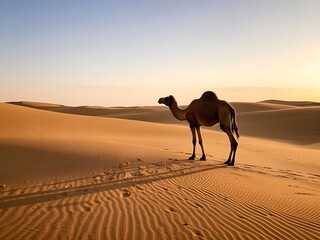 Camel in a Vast Desert Landscape at Dusk