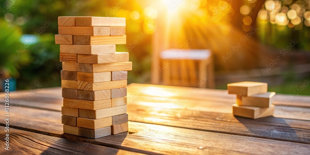 Aufkleber a tall stack of wooden blocks on a wooden table with golden light streaming through the trees
