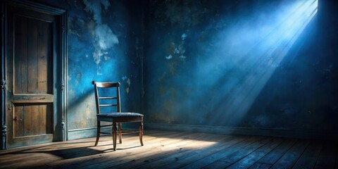 A solitary wooden chair sits in the corner of a dimly lit room, illuminated by a single shaft of light that pierces through the dusty window, casting a dramatic and evocative atmosphere.